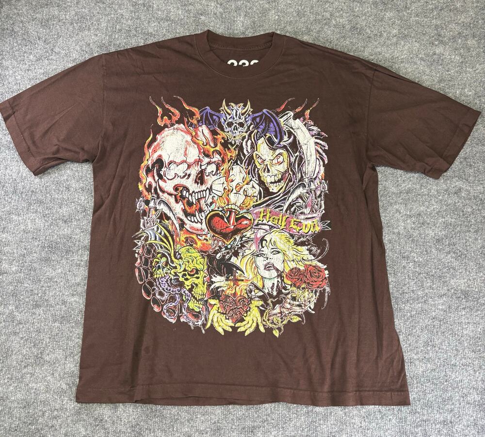 333 Half-Evil Skull Graphic Black Men's Crew Neck Cotton T-Shirt Size XL
